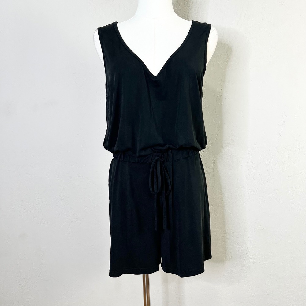 Lulus Romper Sun Charmer Black V Neck Sleeveless Drawstring Waist‎ Jumpsuit M